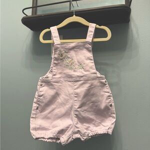 Jamie Kay lavender bubble short overalls with adjustable straps and embroidery